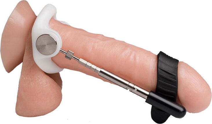 An extender that lengthens the penis by stretching its tissue